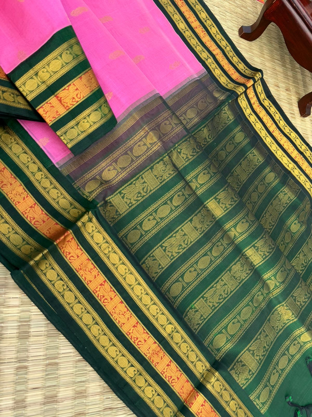 Korvai Silk Cotton - candy pink and Meenakshi green