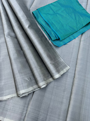 Niram - Celebrating of Full Plain Kanchivaram Silks Paired with Beautiful Blouses - gorgeous grey saree with teal podi kattam silk blouse