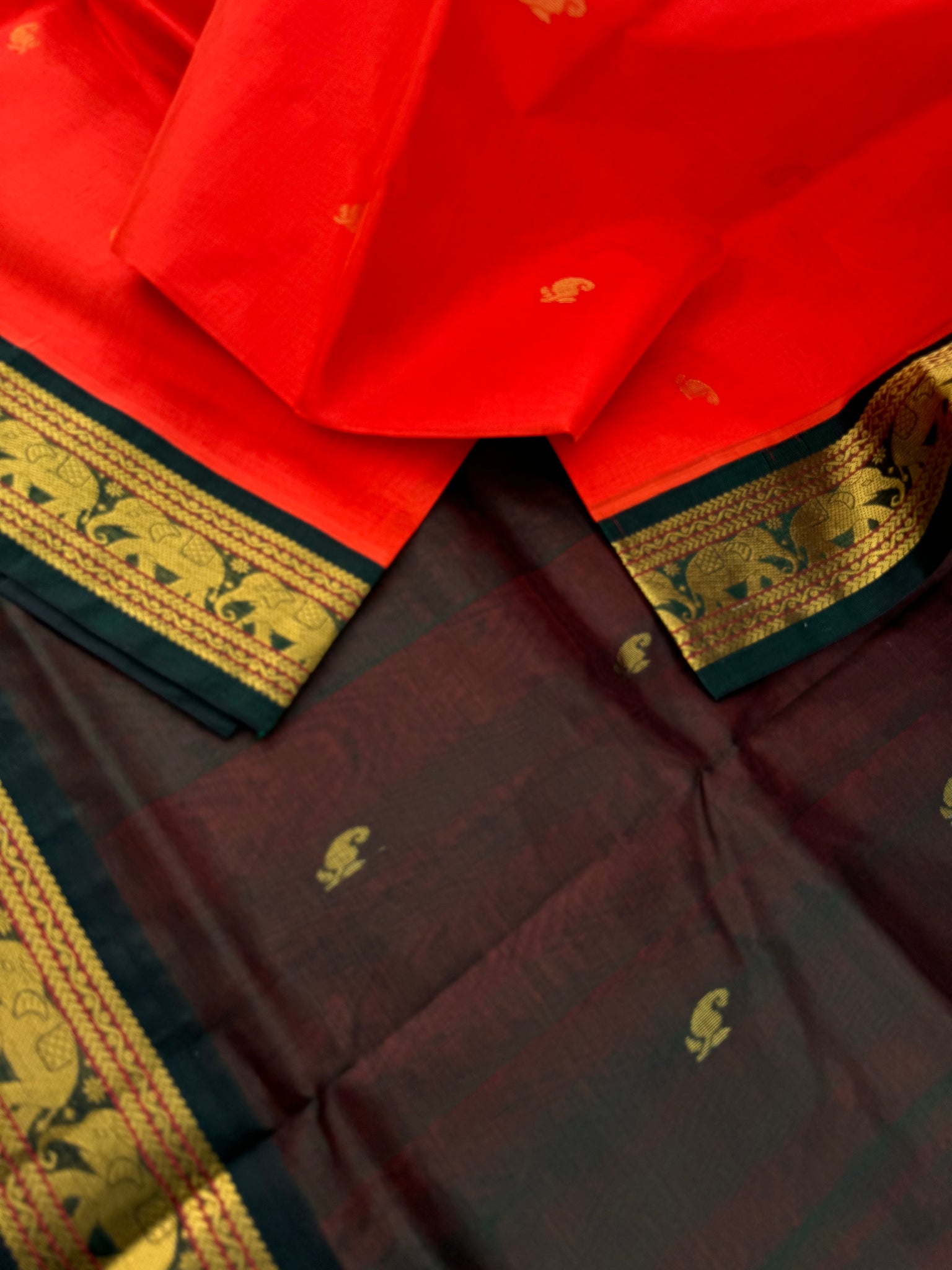 Korvai Silk Cottons - deep dark intense orange and meenakshi green