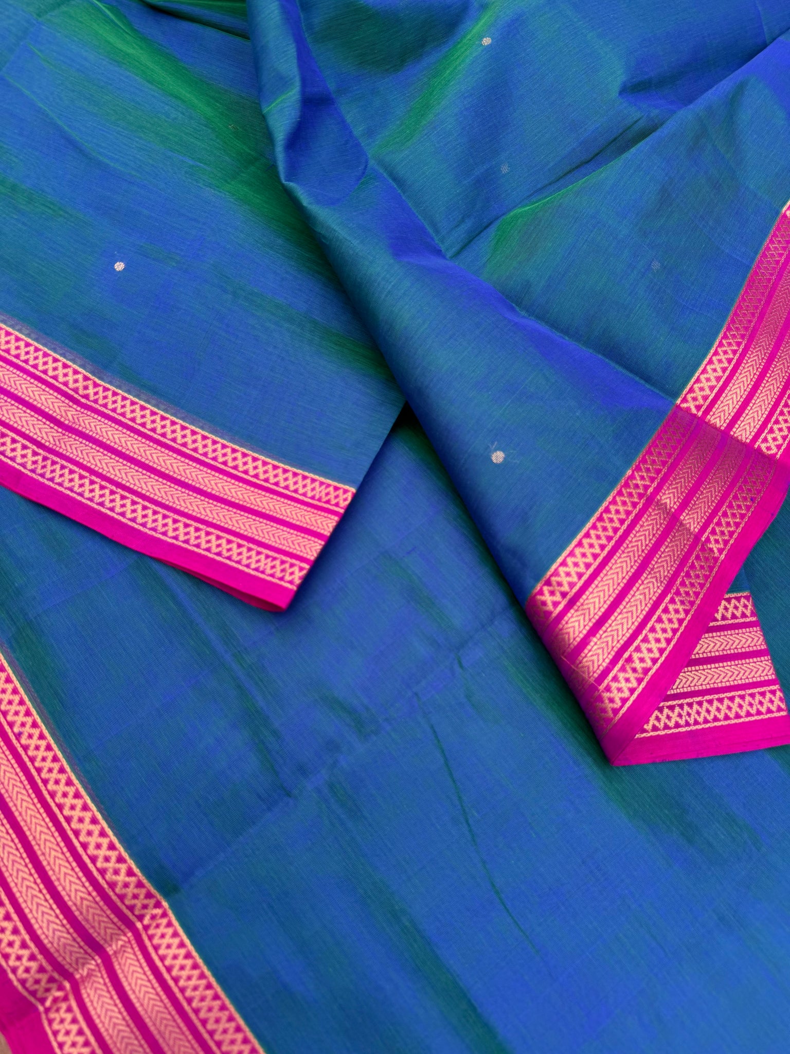 Zari Kissed Silk Cotton - a dual tone peacock blue green bomkai