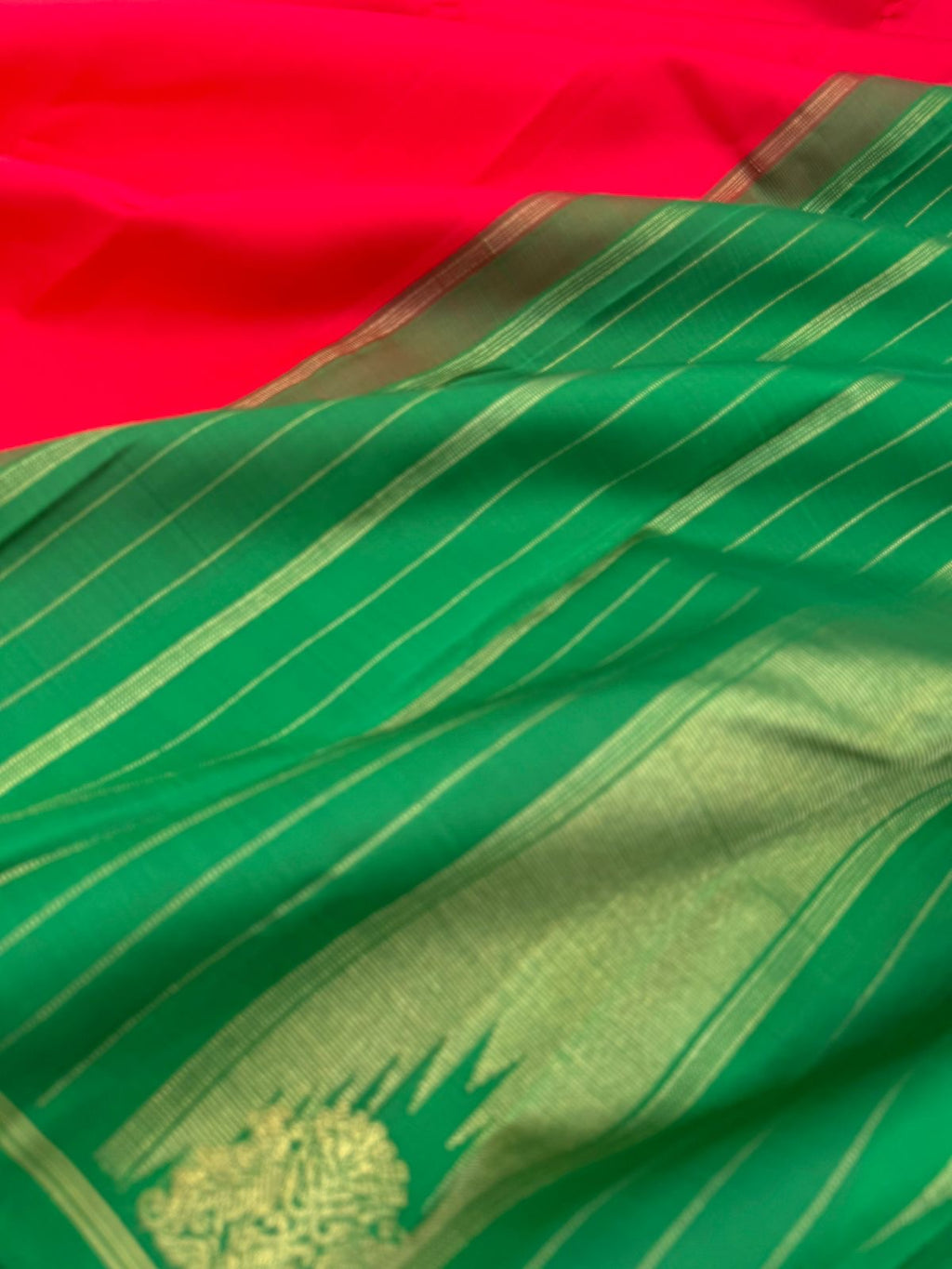 Shree - Simple and Elegant Kanchivarams - a deep red and green with buttas woven along with the borders