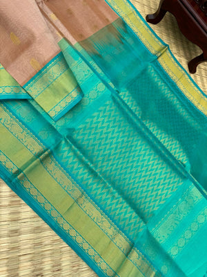 Korvai Silk Cottons - stunning beige and turquoise with woven buttas