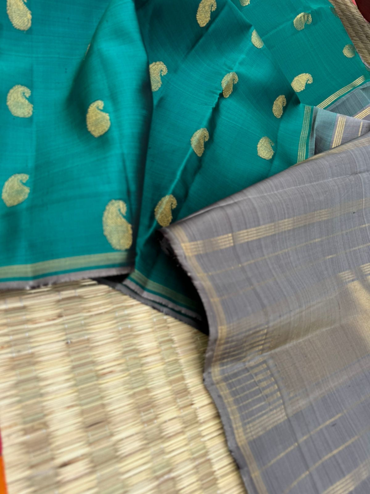 Kanchivaram Trunk - a stunning mettalic green and grey with paisley woven buttas
