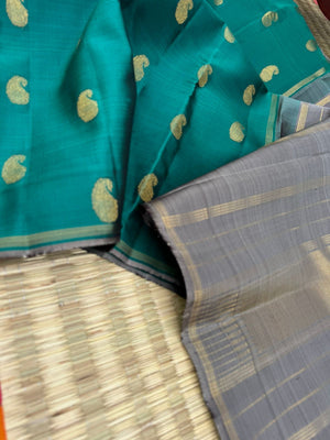 Kanchivaram Trunk - a stunning mettalic green and grey with paisley woven buttas