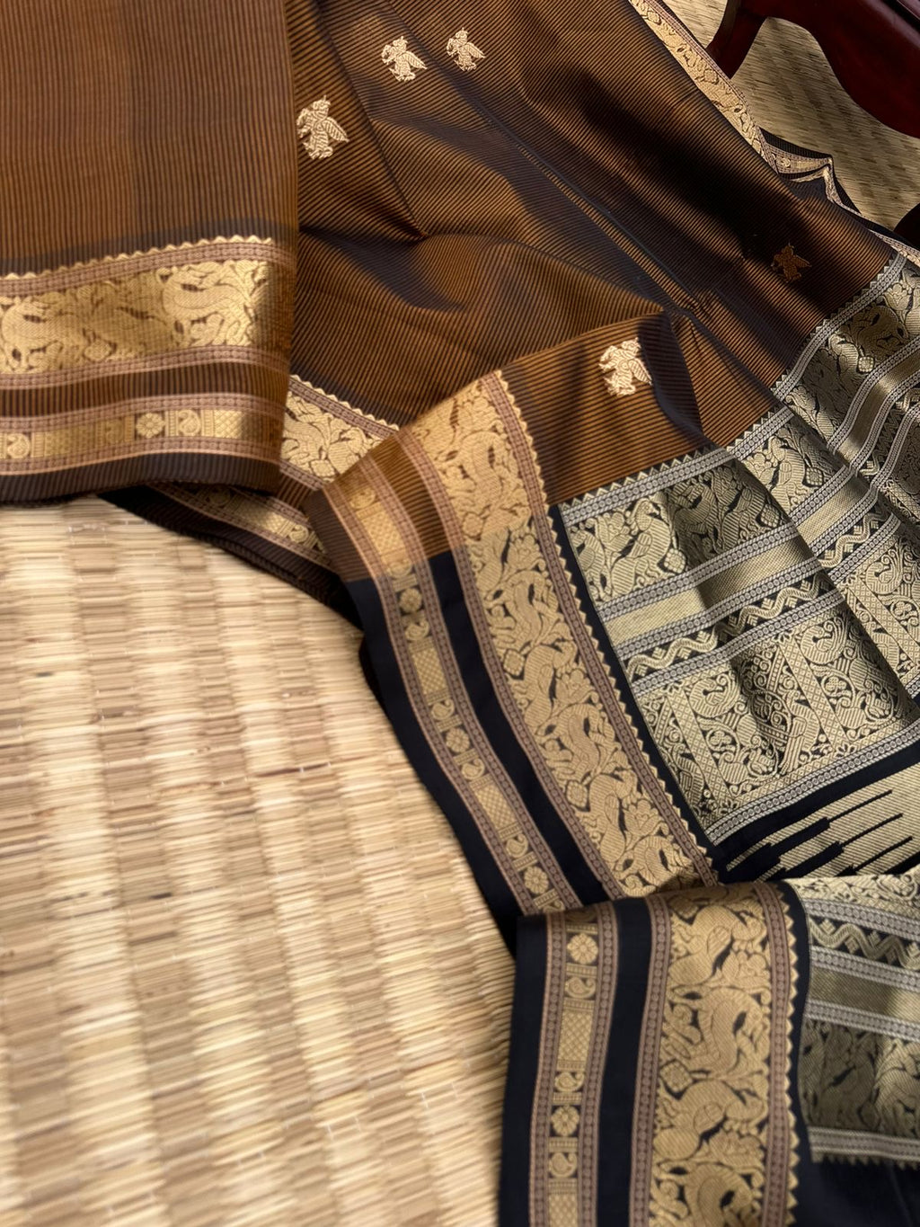 Zari Kissed Silk Cotton - deep dark black and bronze
