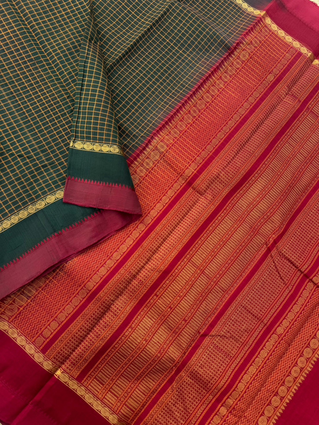Woven Motifs Silk Cotton - deep dark forest green and aaraku chex woven body