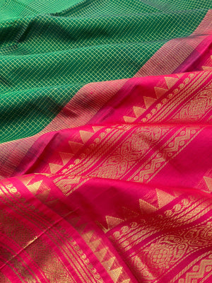 Korvai Silk Cottons - Meenakshi green and pink zari kattam