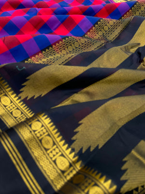 Korvai Silk Cottons -dark red and blue chex with black pallu and blouse