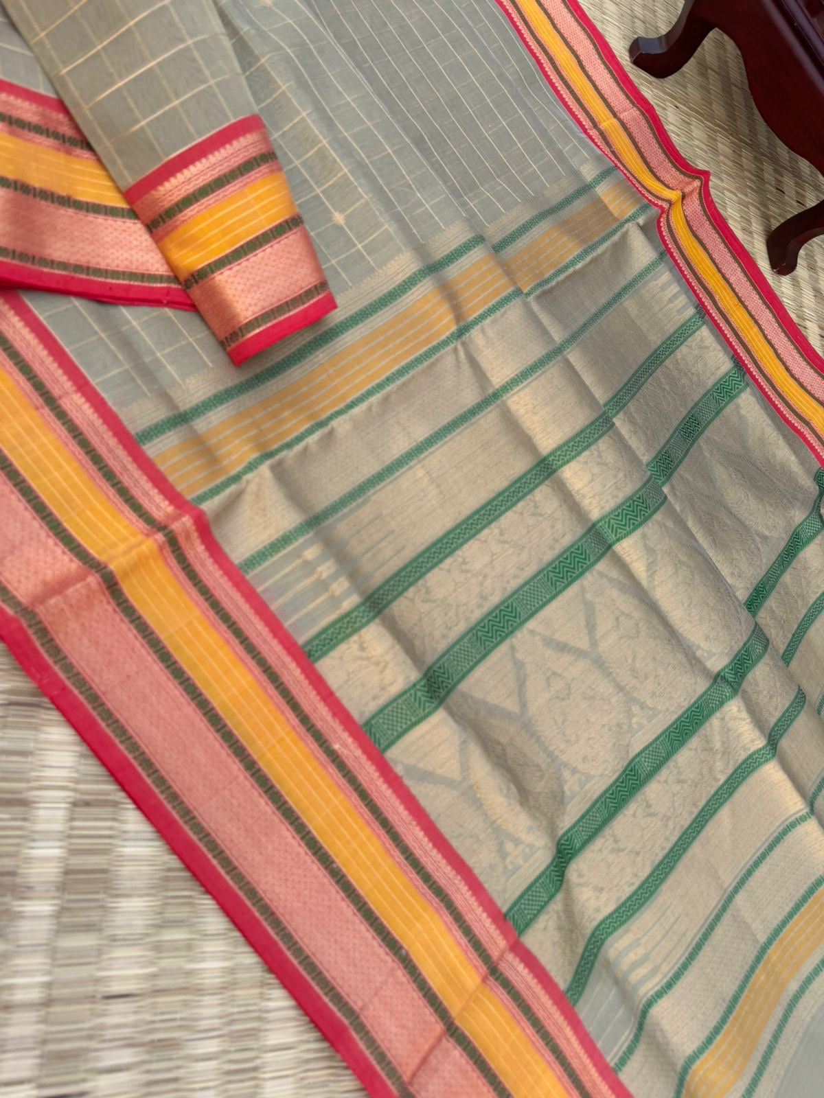 Pastels on Zari Kissed Silk Cotton - a unique unusual grey gold with different colours woven borders