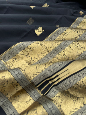 Black Edition of Zari Kissed Silk Cotton - stunning black and gold with annapakshi elephant yali woven borders