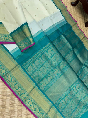 Colours of Navarathri 2025 on Kanchivarams - gorgeous gorgeous white and teal Korvai Kanchivaram is absolutely a treasure for the life time