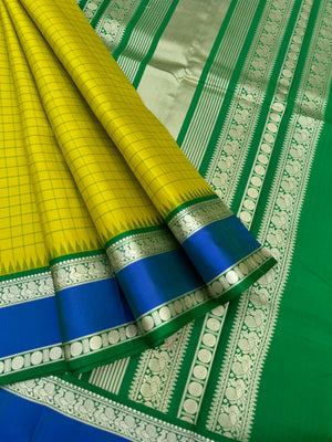 The Best of No Zari Korvai Kanchivaram - most beautiful sampanga green and blue with kattam and retta pett woven borders