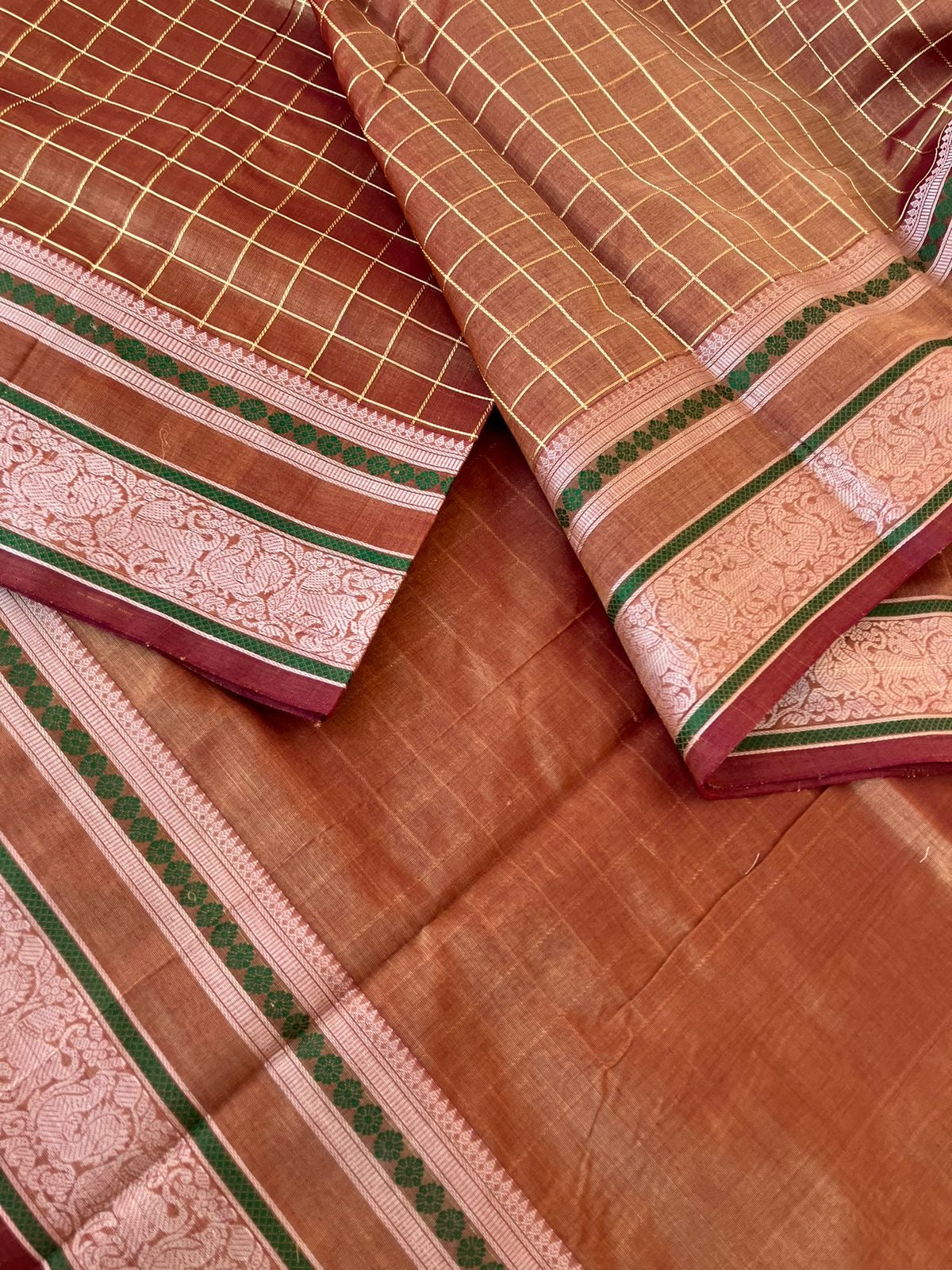 Zari Kissed Silk Cotton - chocolate and cookie muthu kattam with yali and annapakshi woven borders
