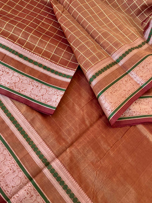 Zari Kissed Silk Cotton - chocolate and cookie muthu kattam with yali and annapakshi woven borders