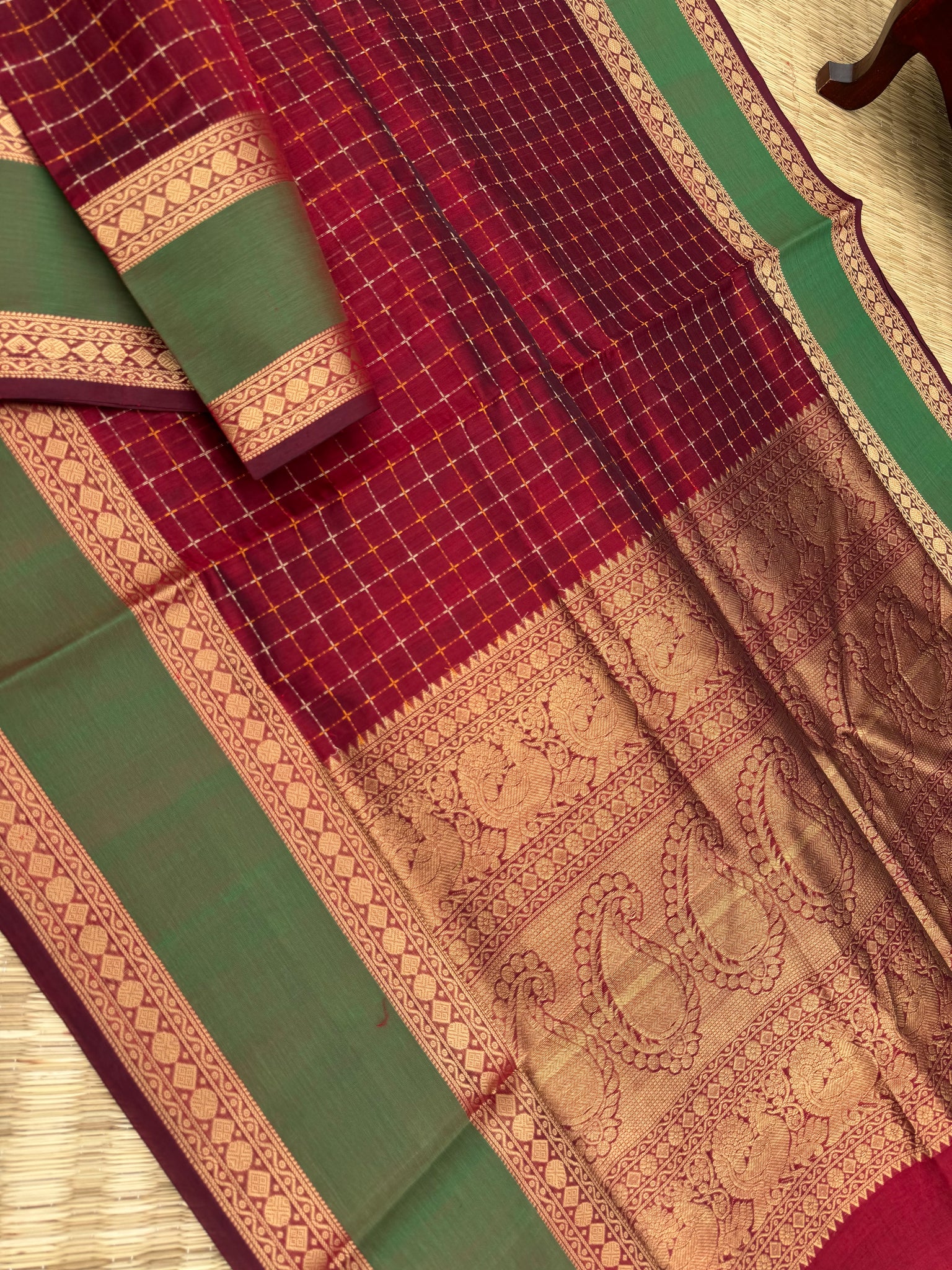 Woven Motifs Silk Cotton - a deep maroon pluse buttas