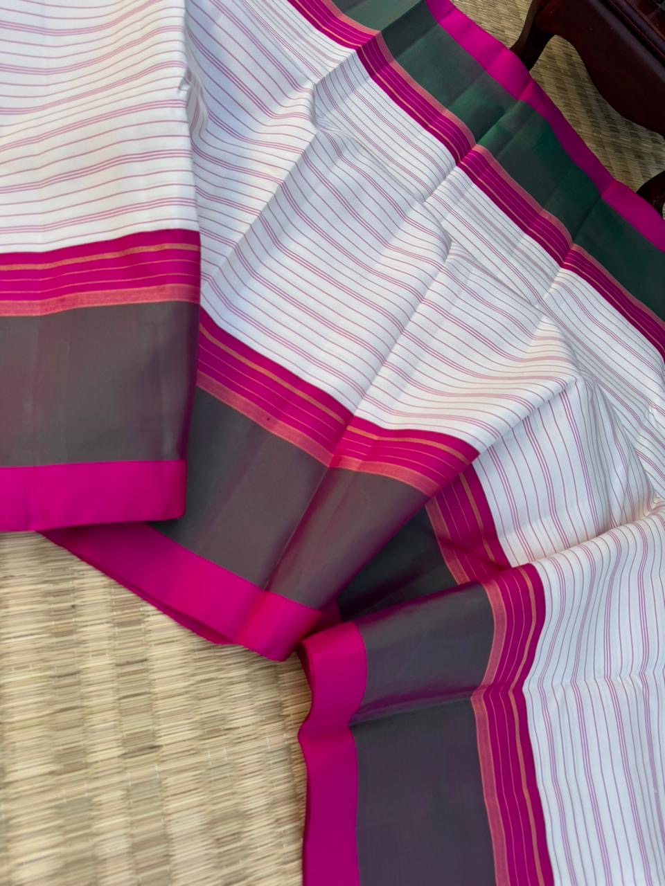 Recipe of Rarest Korvai Kanchivaram - off white stripes woven body with pink and short green korvai borders