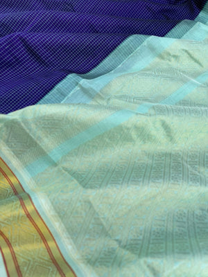 Korvai Silk Cottons - deep navy blue podi kattam with ice blue pallu and blouse