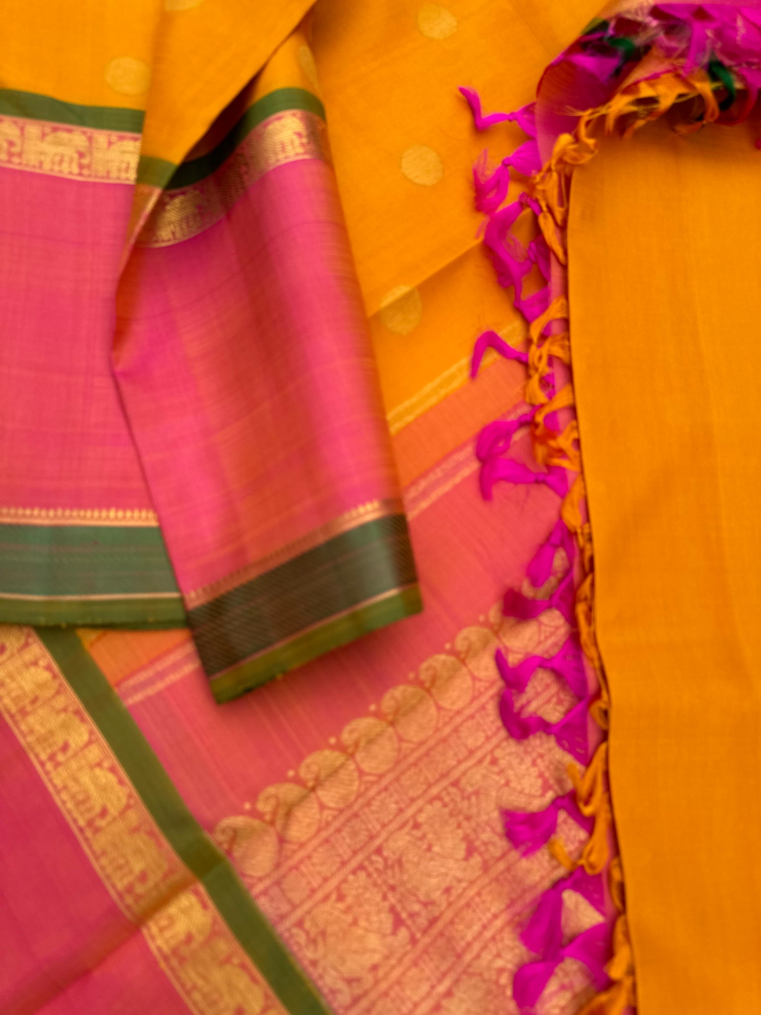 Diwali Edits - Kanchivaram For All Occasions - most beautiful mustard and peach with reatt pett woven borders