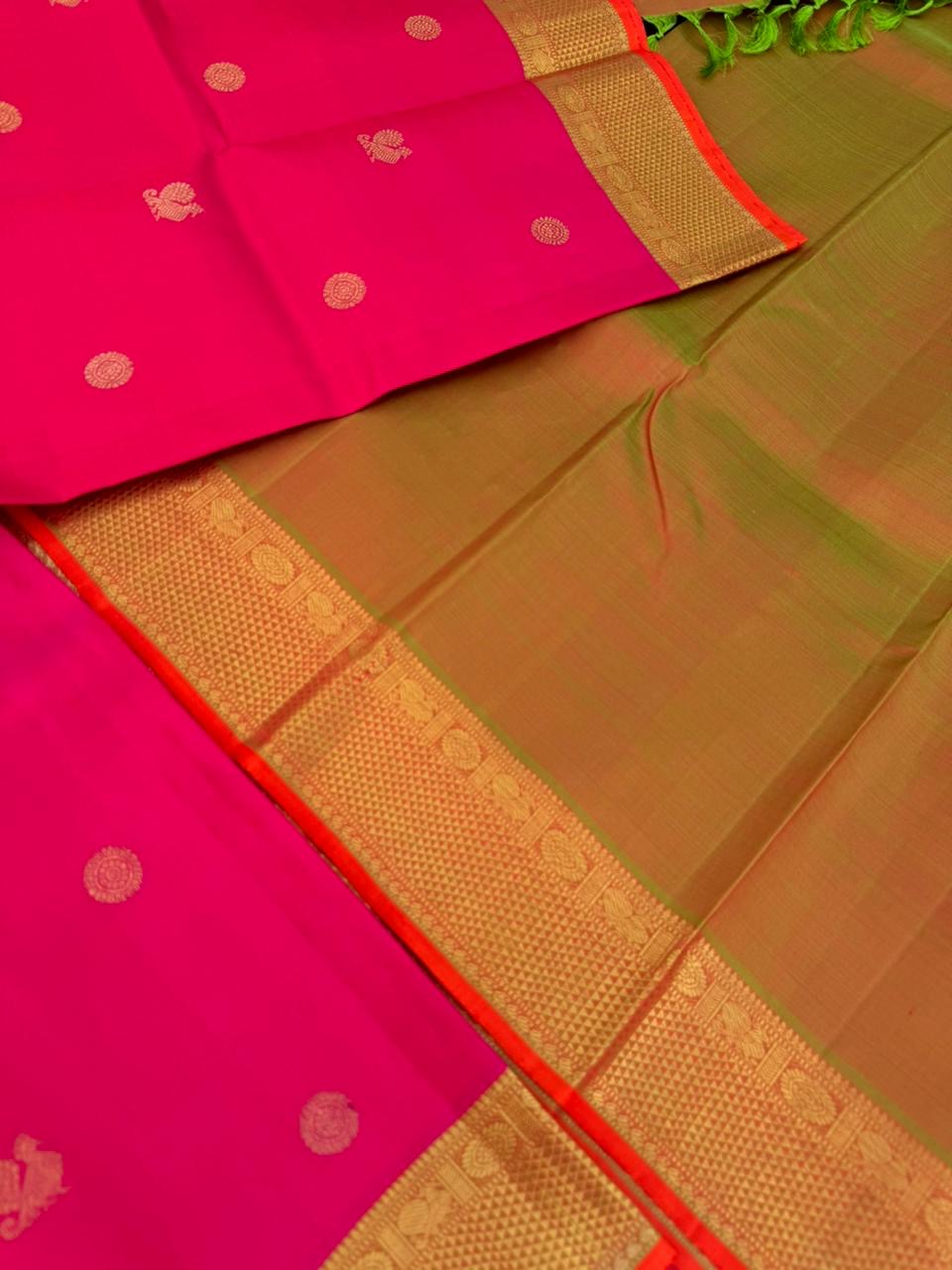 Kanchivaram Trunk - most beautiful pink and maanthulir green pallu and blouse with solid gold zari woven borders