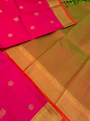 Kanchivaram Trunk - most beautiful pink and maanthulir green pallu and blouse with solid gold zari woven borders