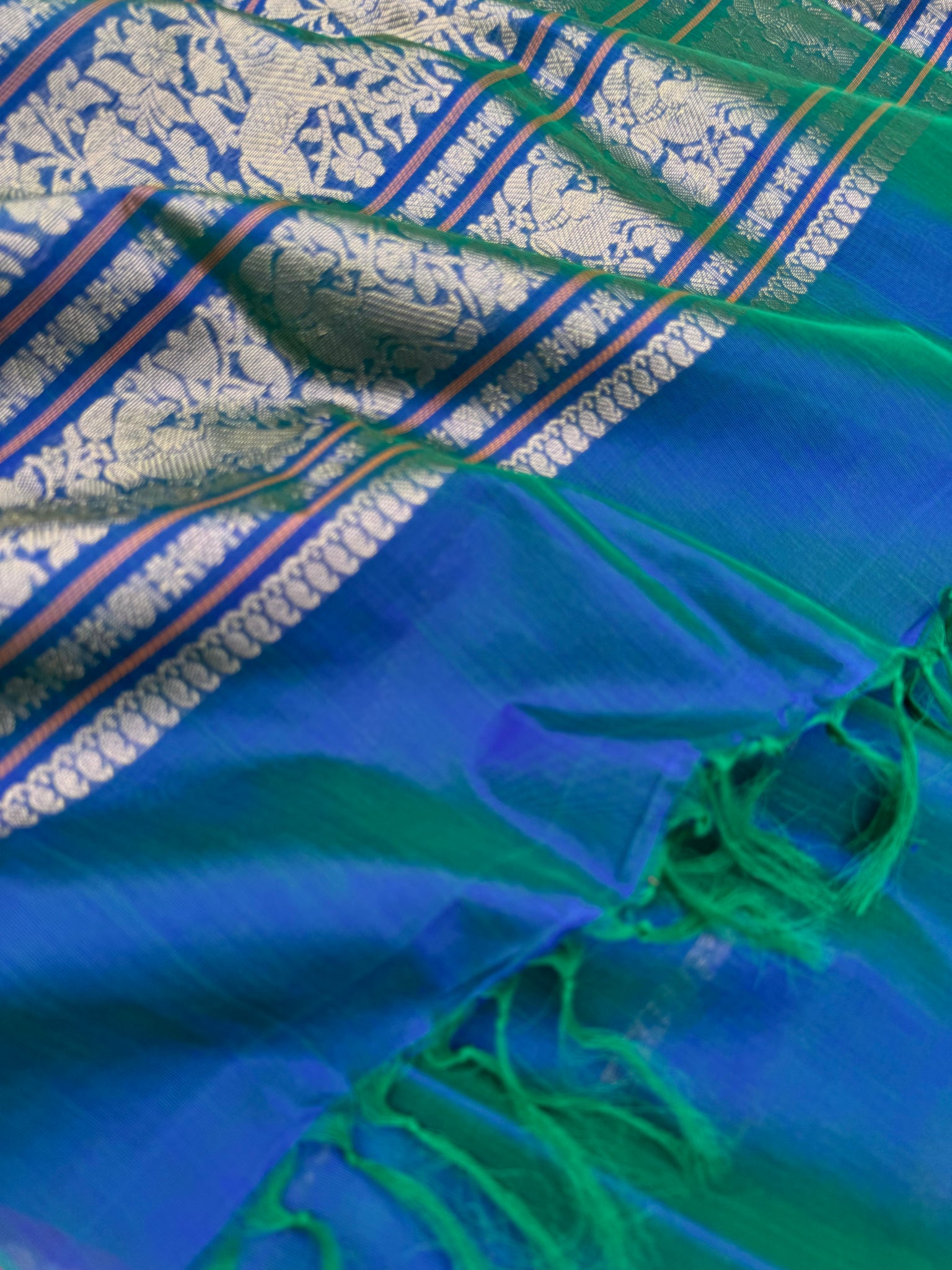 Zari Kissed Silk Cotton - most beautiful peacock blue green vertical veldhari