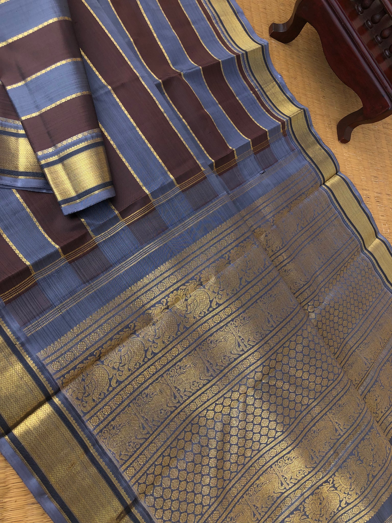 Kamakshi - One of  a Kind Kanchivaram - stunning amazingly woven steel grey and chocolate body with veldhari woven body