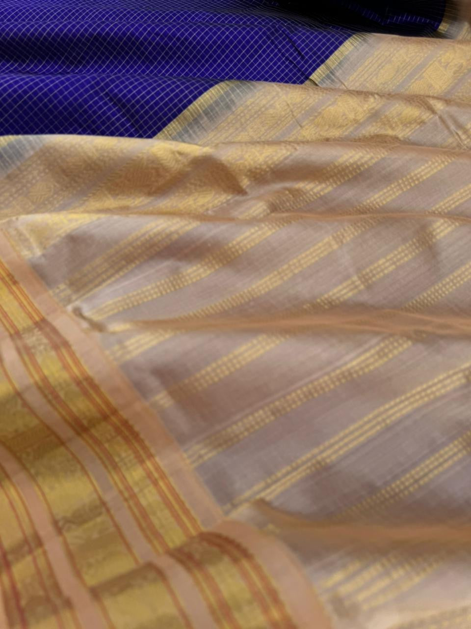 Korvai Silk Cottons - royal blue on sandal wood and podi kattam