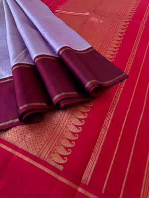Haritham - Heirloom Yarn Play on Kanchivaram - unusual pale pastel lavender intricate 1000 buttas with red pallu and blouse