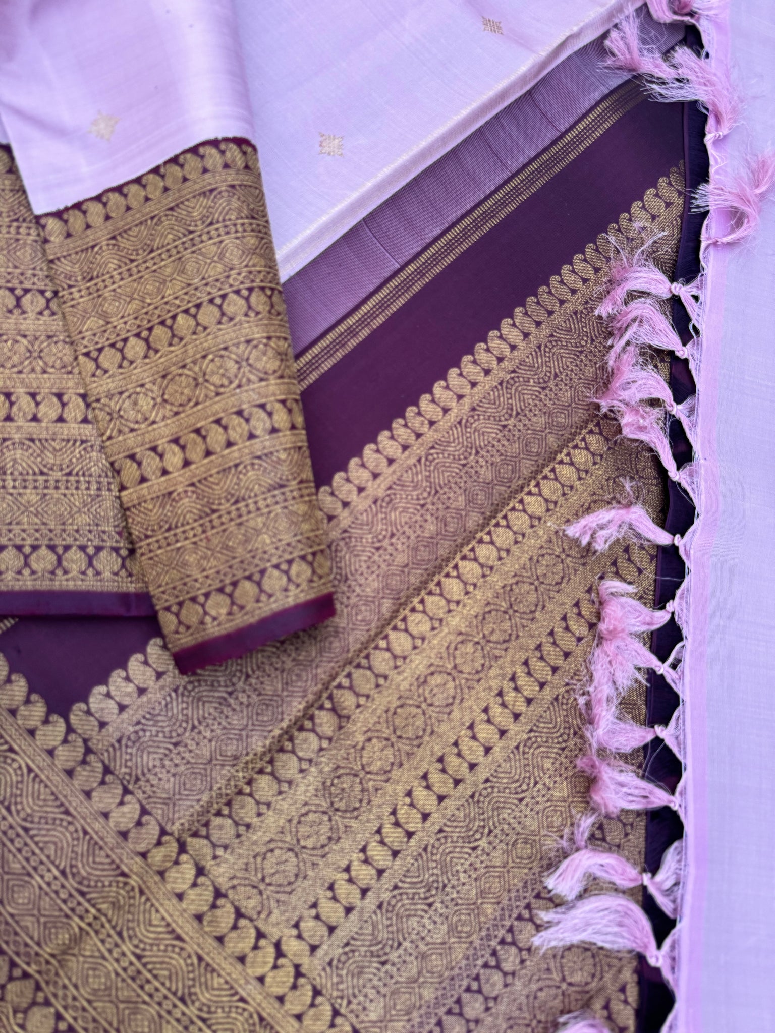 Pastel Kanchivarams - lilac and burgundy morning evening korvai antique zari woven varusai pett borders