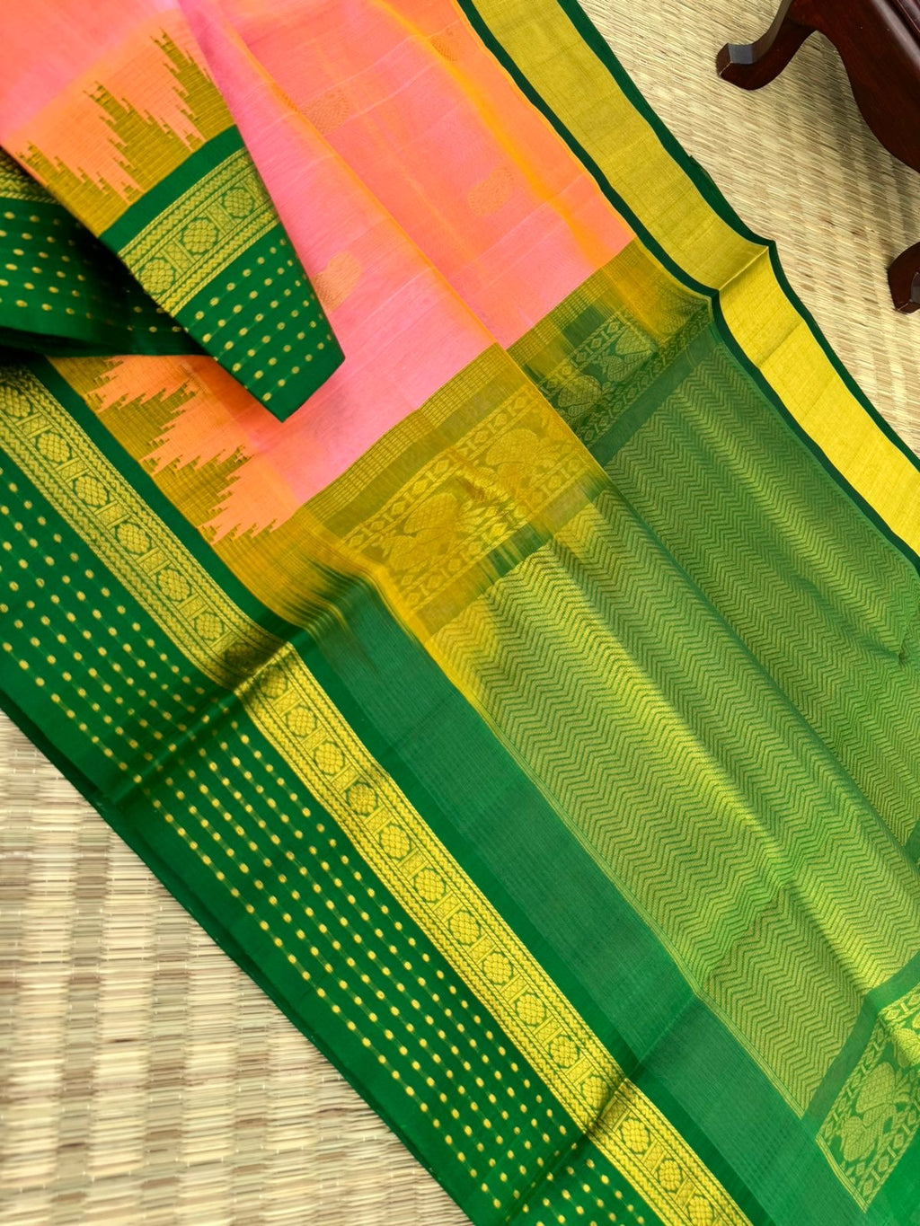 Korvai Silk Cotton - peach and Meenakshi green with lakshadeepam woven borders