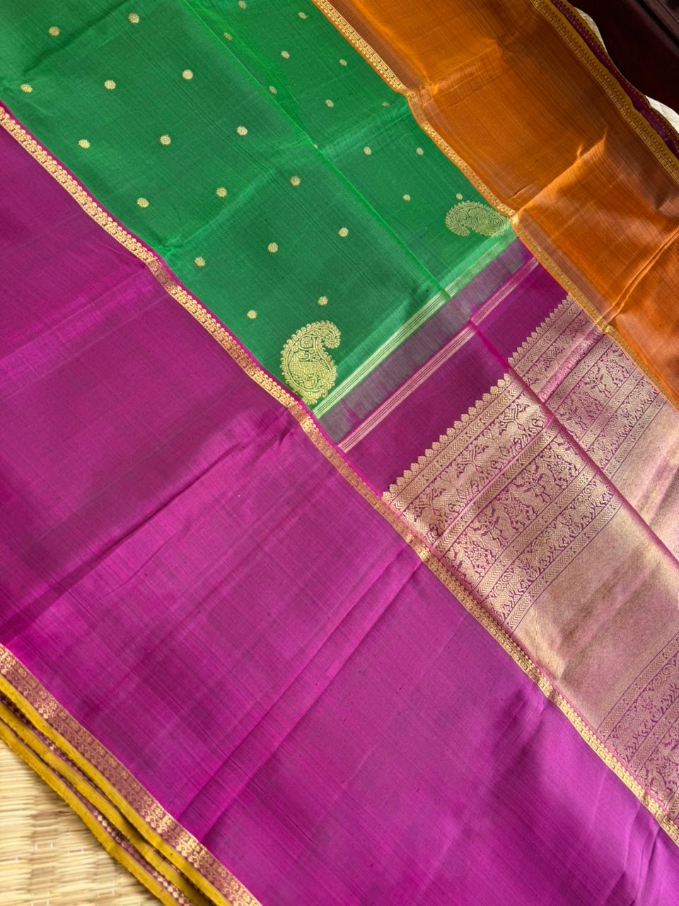 Tasteful Tall Border Kanchivarams - stunning Meenakshi green mubbagam with Ganga jammuna woven borders
