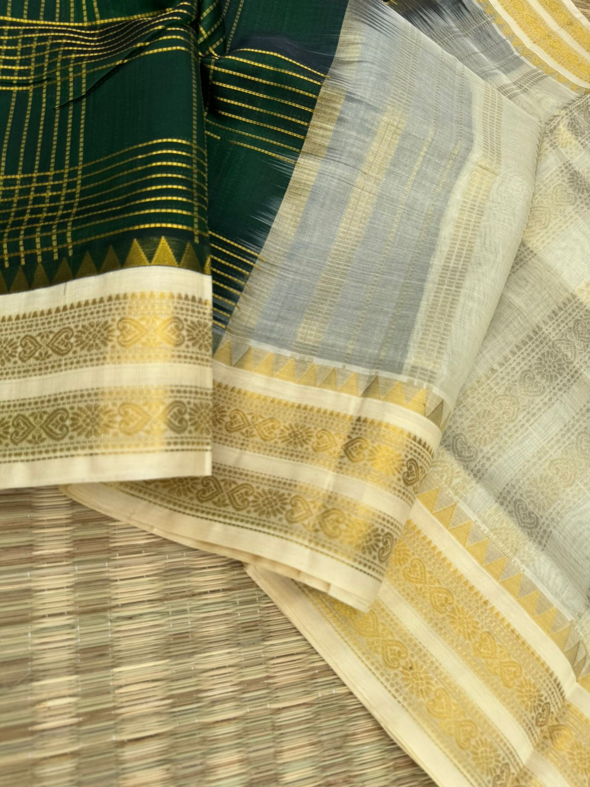 Korvai Silk Cottons - deep dark forest green off white and gold