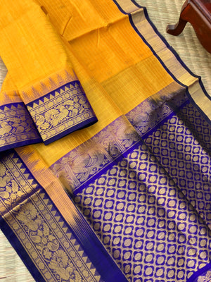 Korvai Silk Cotton - yellow and ms blue zari kattam