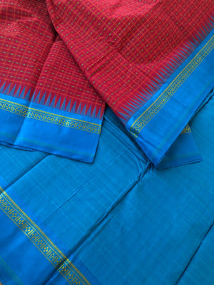 Mira - Our Exclusive Cotton body with Pure Silk Korvai Borders - gorgeous deep red and sulphate blue Lakshadeepam