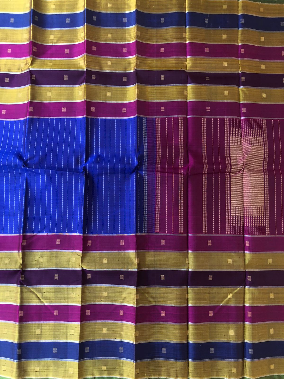 Vintage Ragas on Kanchivaram - the very old style multi colour double side borders with ms blue vertical stripes woven body