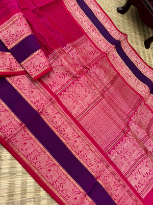 Woven Motifs Silk Cotton - deep dark pink lakshadeepam with broad borders