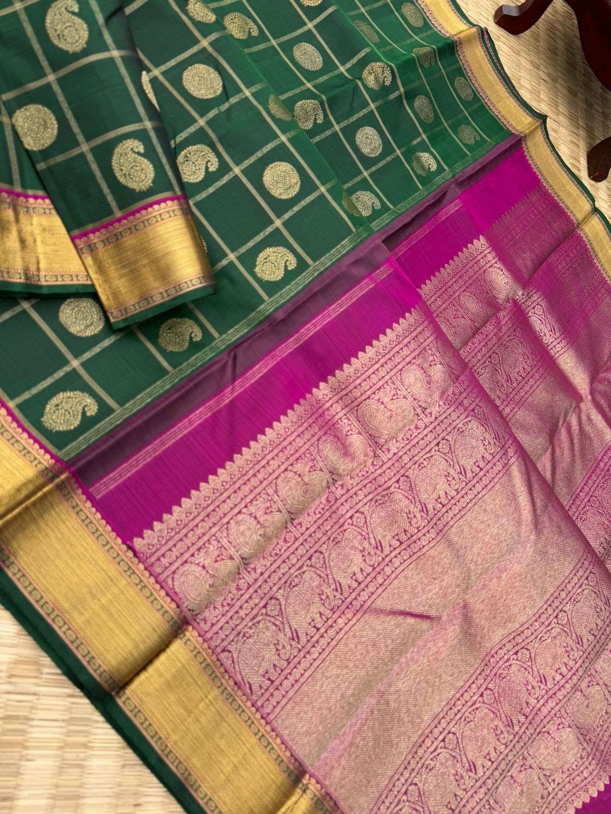 Kattam and Buttas on Kanchivaram - traditional meenakshi green and majentha with mayil chackaram buttas