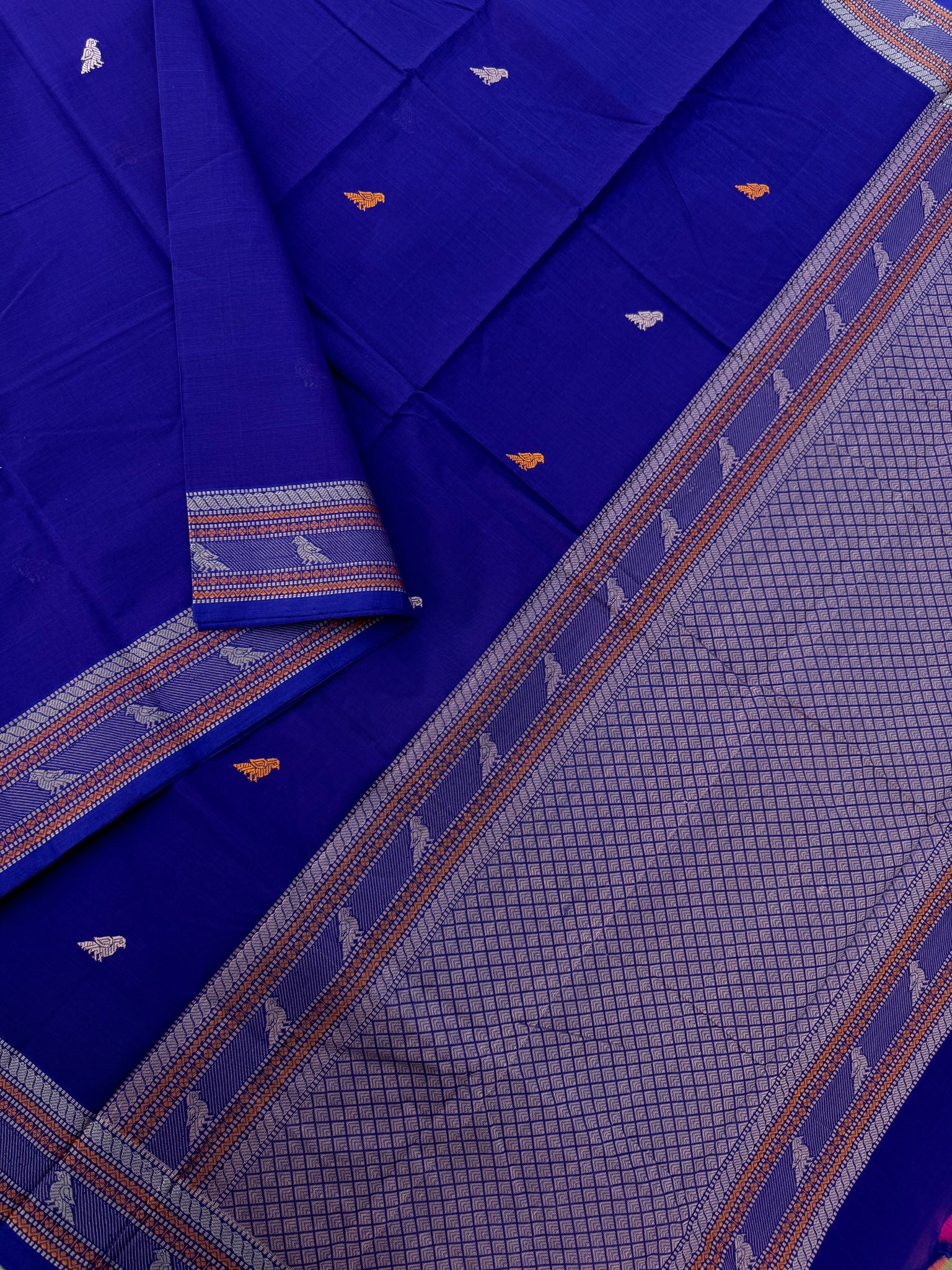 Mangalavastaram - deep ink blue parrots woven buttas