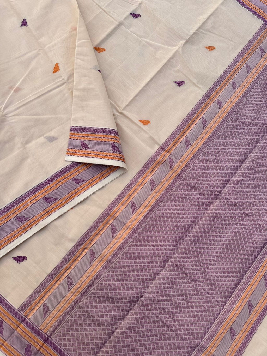 Mangalavastaram - off white with birds woven buttas and borders