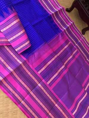 Sahasra - Stunning No Zari Kanchivarams - the beauty at the best ms blue chex body with rose pink borders pallu and blouse