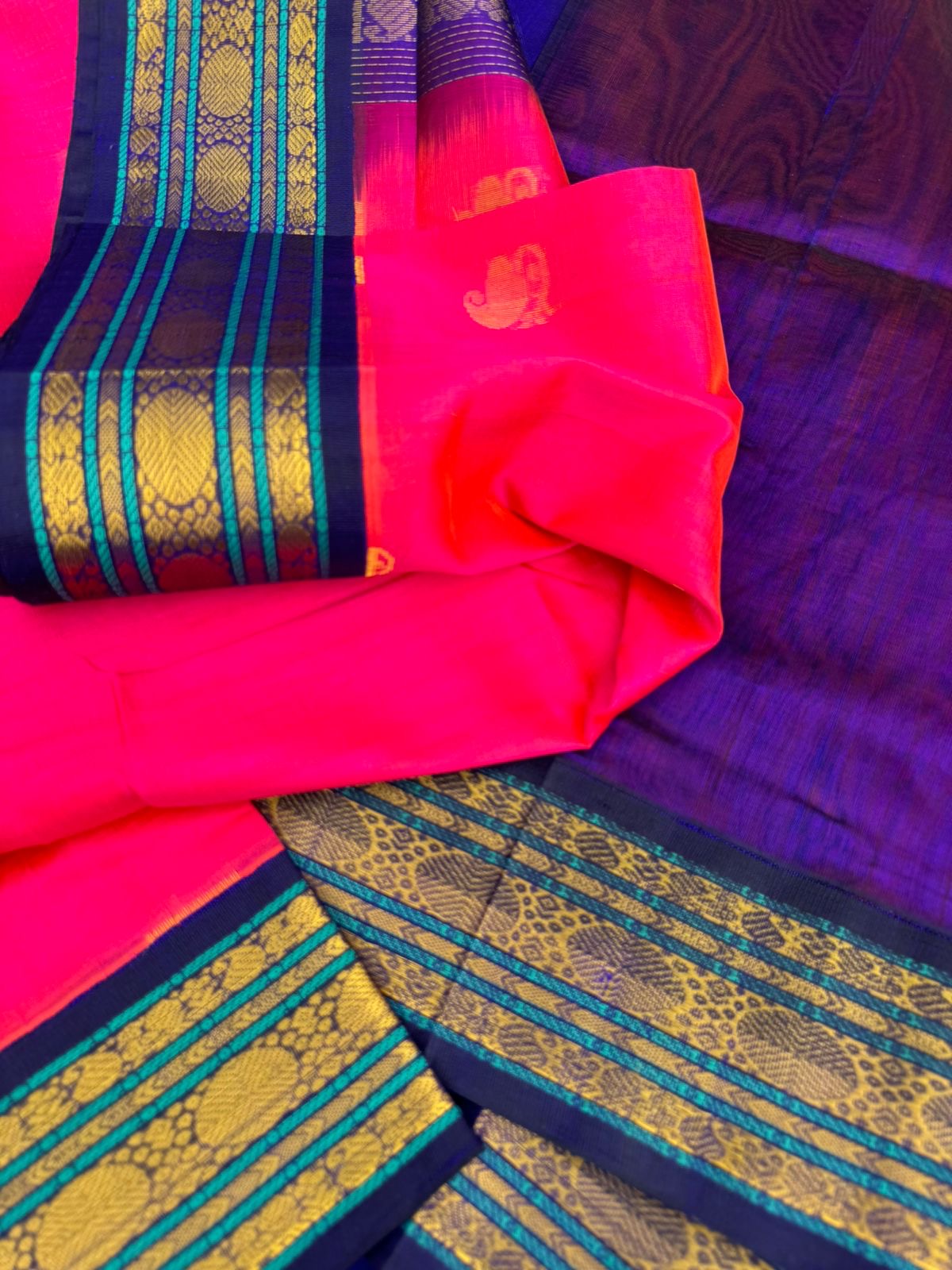 Korvai Silk Cottons - stunning hot pink and violet with woven buttas