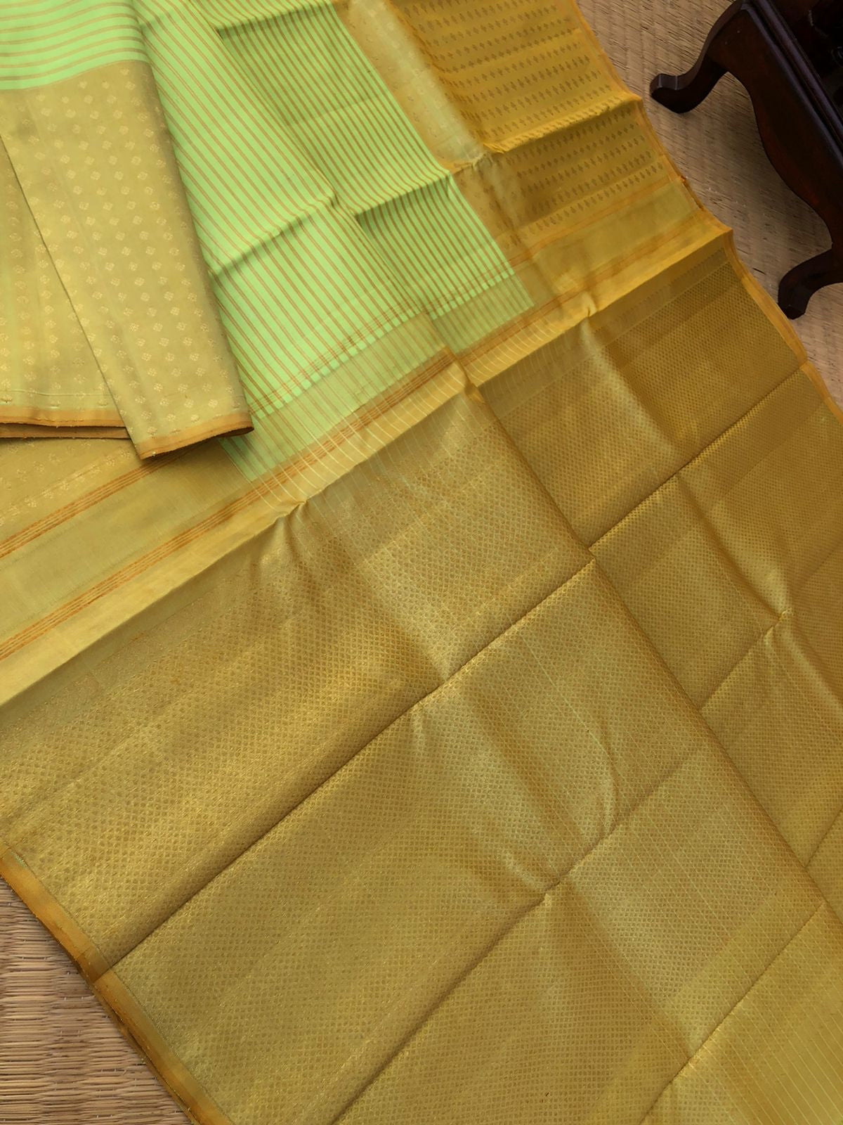 Meenakshi - Heirloom Kanchivaram - pastel pista ice cream and mustard broad woven Lakshadeepam borders with body zari stripes