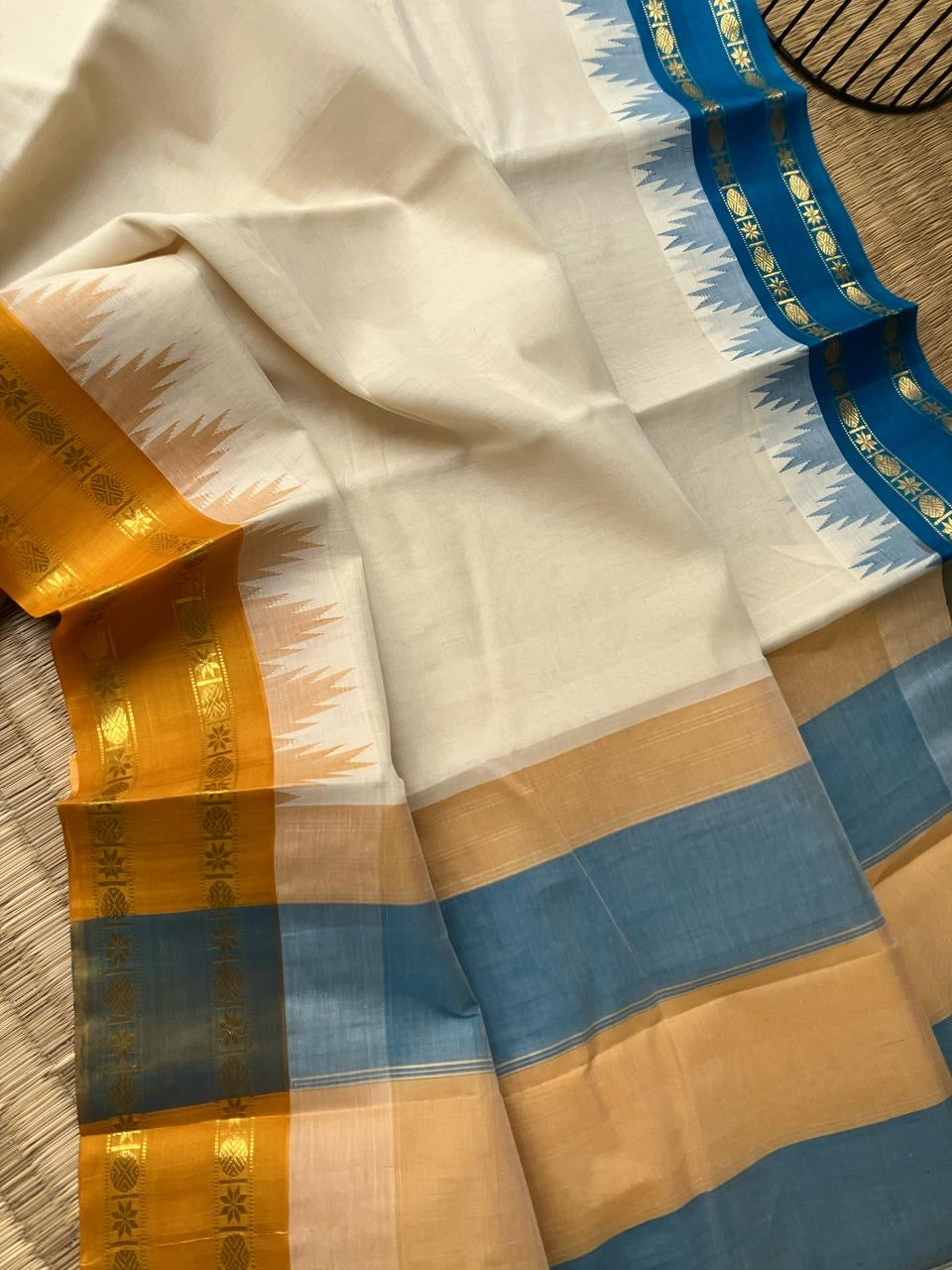 Cotton Body Silk Borders - mustard and blue silk borders