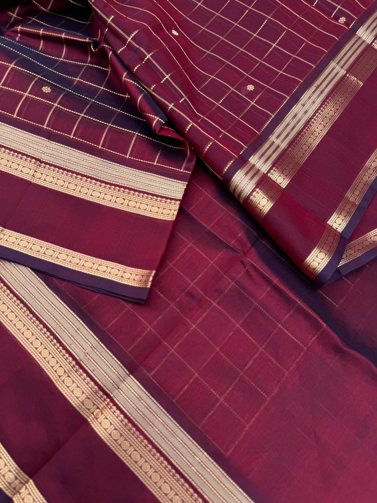 Zari Kissed Silk Cotton - deep dark wine muthukattam and buttas with grandest pallu