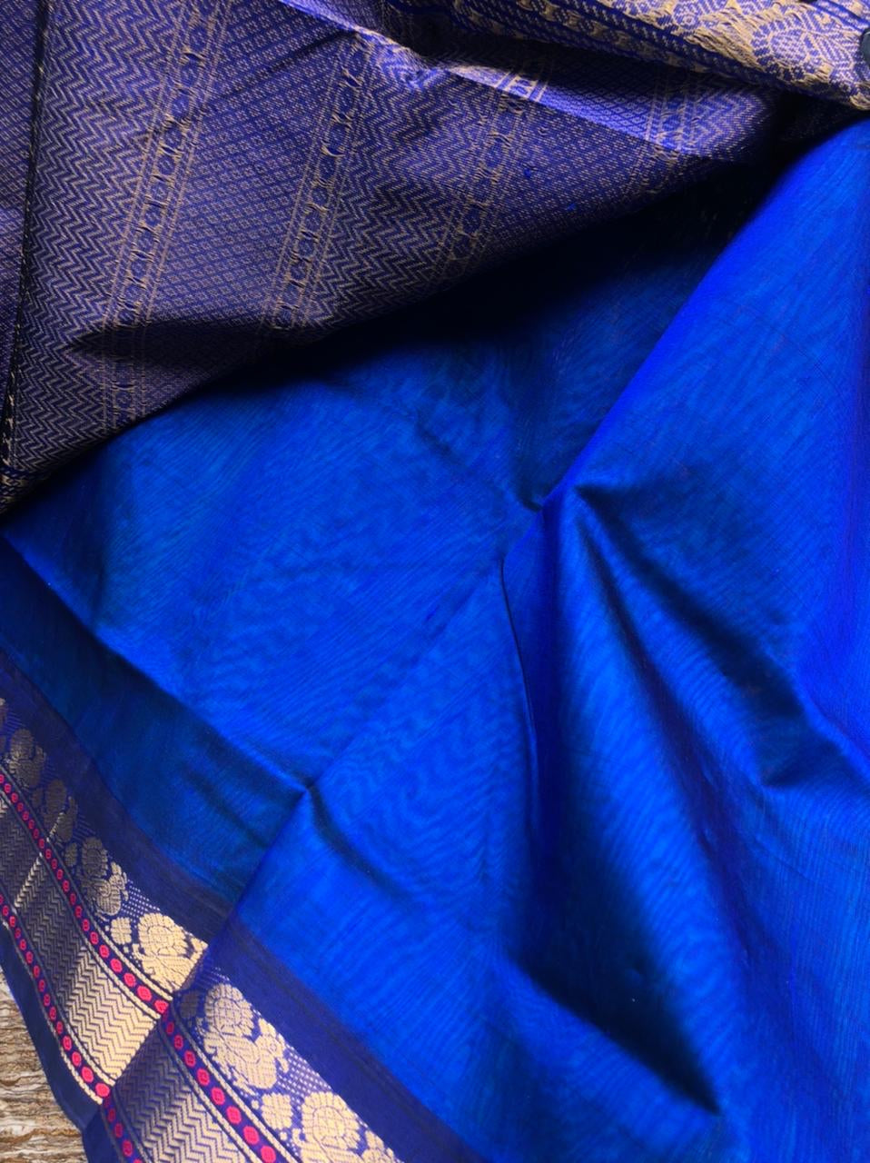 Bliss of Korvai Silk Cottons - blue on blue with annapakshi woven meenakari borders