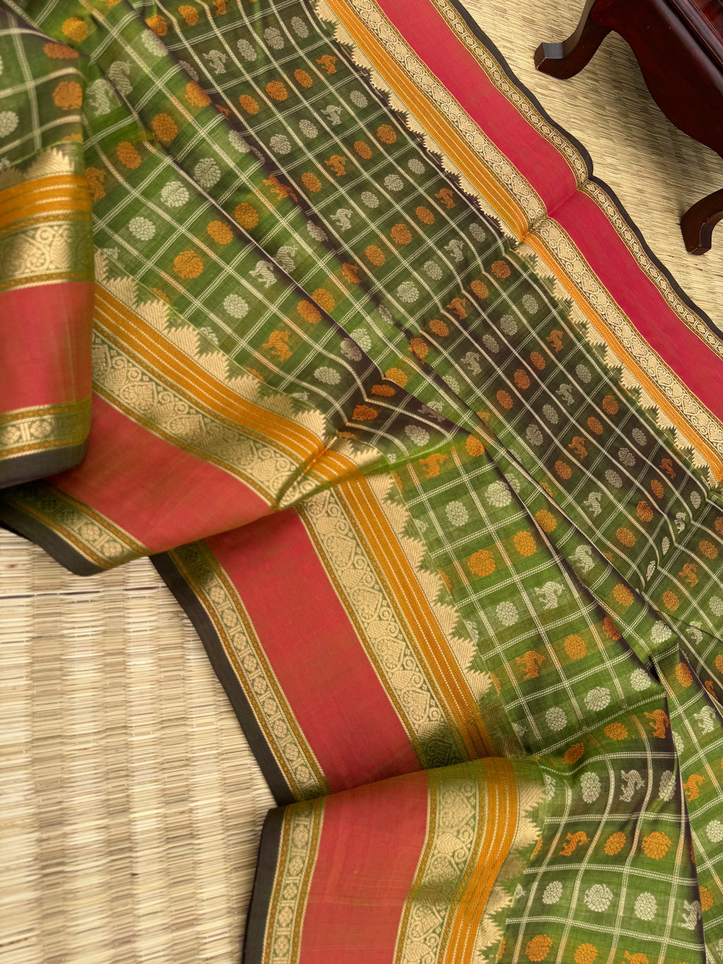 Woven Motifs Silk Cotton - olive green 1000 buttas