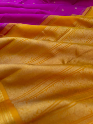 The Korvai Vibes - Authentic Korvai Kanchivaram - deep dark traditional kanchivaram pink and golden mustard