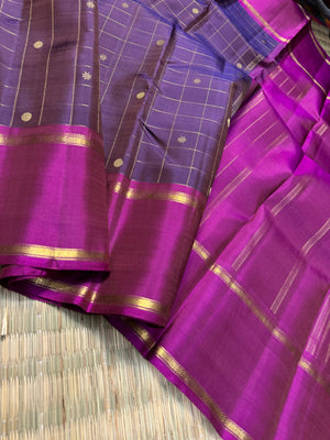 Heriyae - Molten Mettalic Kanchivarams - unusual dual tone of dark majenta purple kattam buttas and retta pett