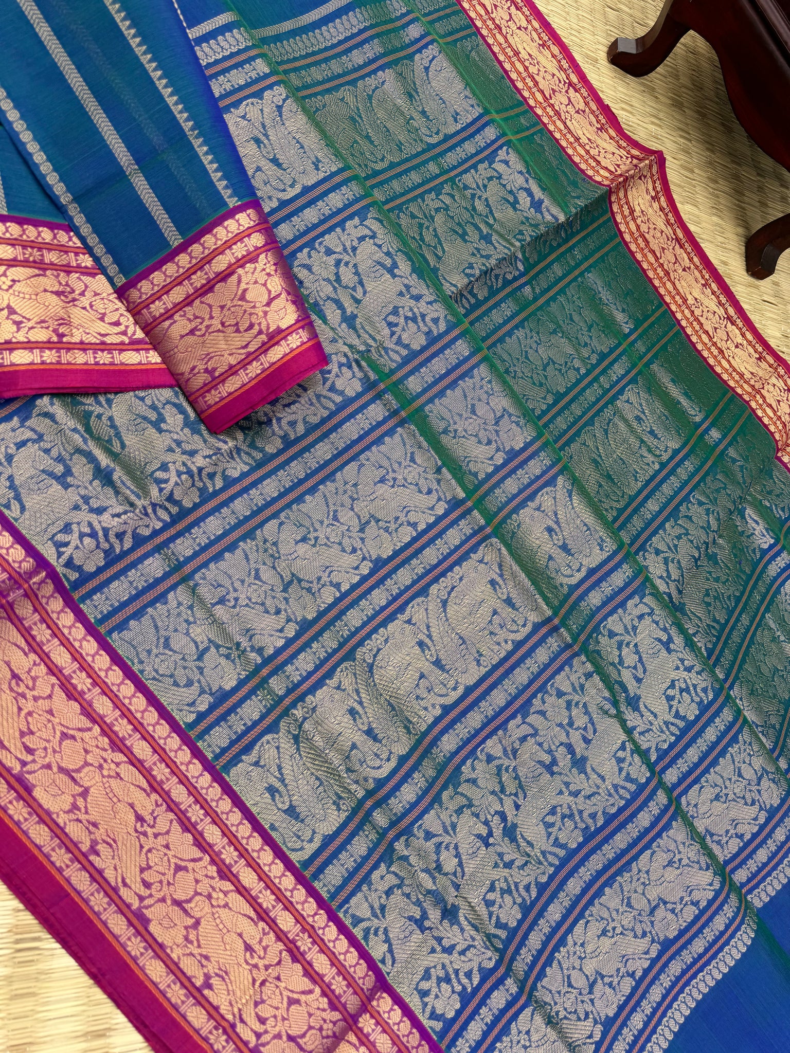 Zari Kissed Silk Cotton - most beautiful peacock blue green vertical veldhari