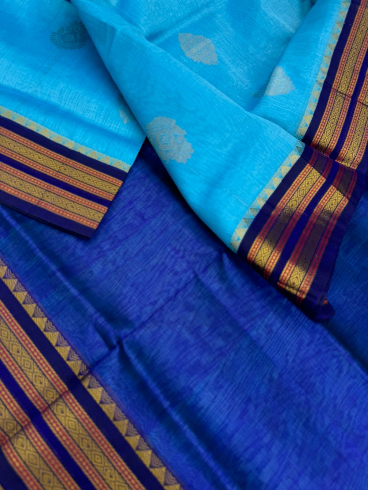 Korvai Silk Cottons - shades of blue on blue with woven buattas